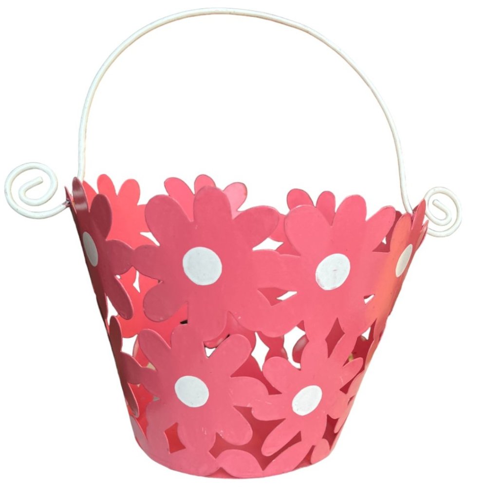 RARE: Vtg Metal Cut-out Daisy Basket Pink White Handle Phillipines Spring Easter